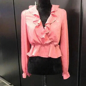 Leche Peplum Pin Dot,long sleeve,ruffle v-neck,bell sleeve,lined,light rose